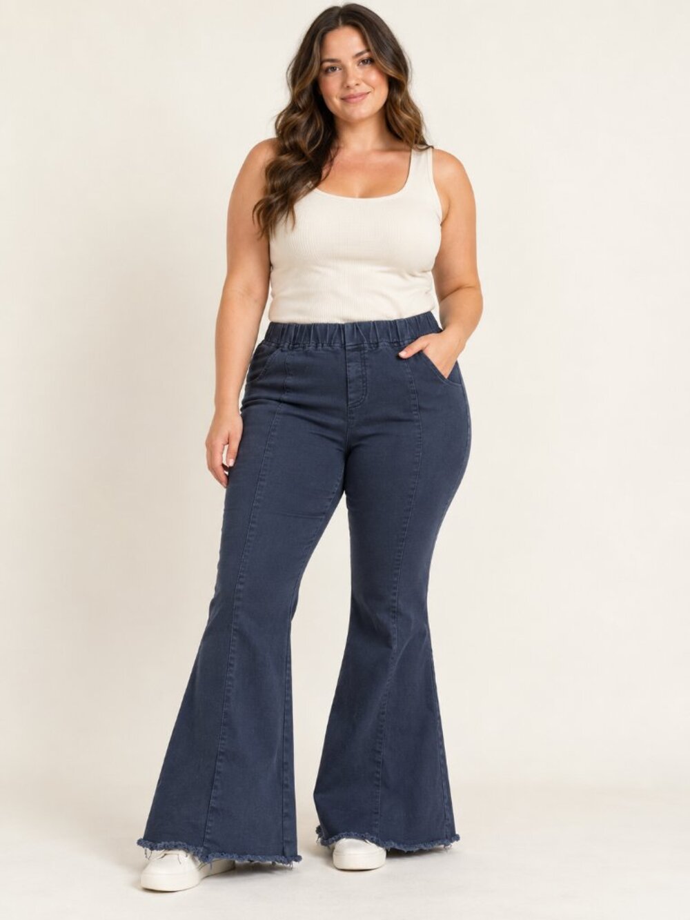 Umgee Plus Wide Flare Leg Pants Navy Raw Hem Stretch XL
